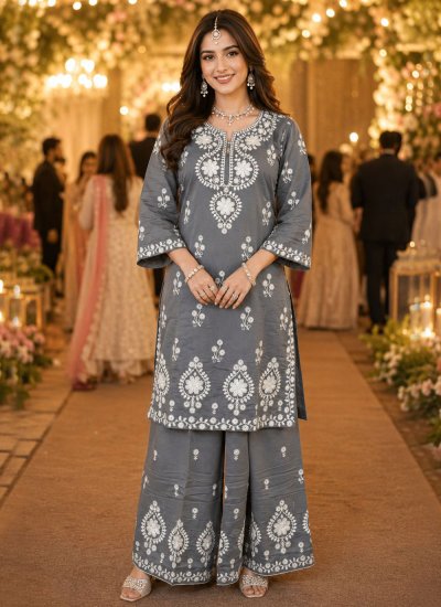 Chanderi Silk Grey Embroidered Palazzo Salwar Kameez