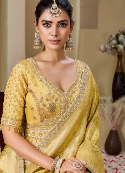 
                            Charismatic Tissue Yellow Beads Saree