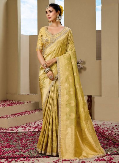 Charismatic Tissue Yellow Beads Saree