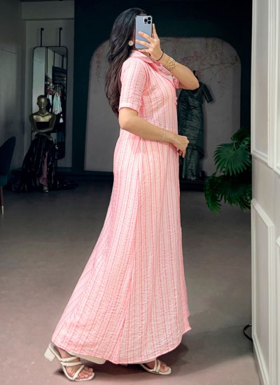
                            Chic Peach Stripe Print Fancy Fabric Designer Kurti