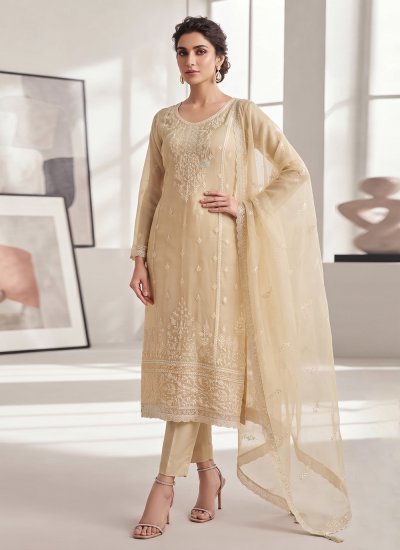 Chiffon Cream Embroidered Salwar Kameez