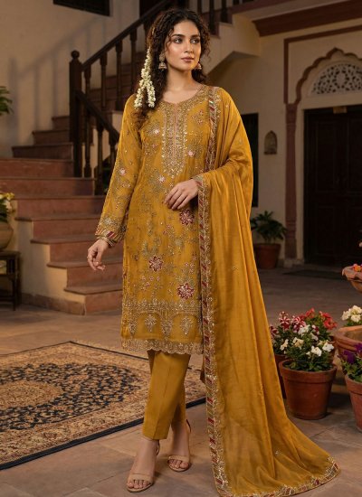 Chiffon Embroidered Mustard Trendy Salwar Suit