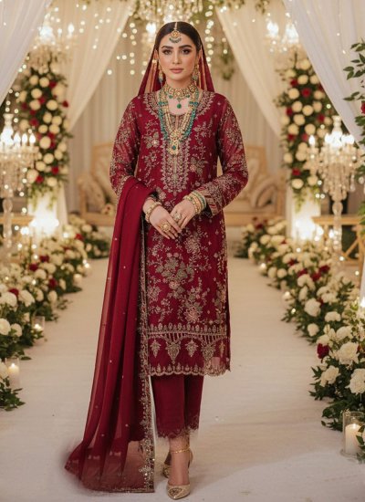 Chiffon Maroon Embroidered Pakistani Salwar Kameez