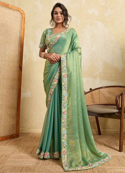 Chiffon Sea Green Embroidered Contemporary Saree