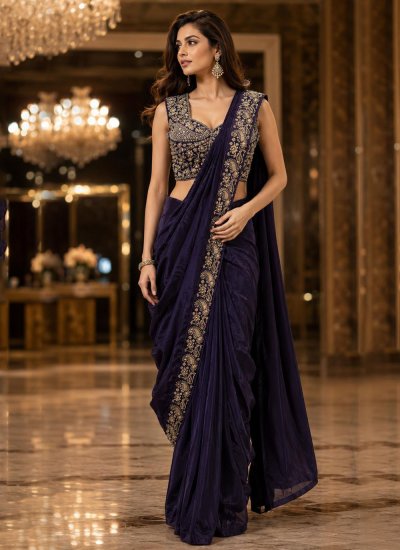 Chinon Beads Contemporary Saree in Purple Colour