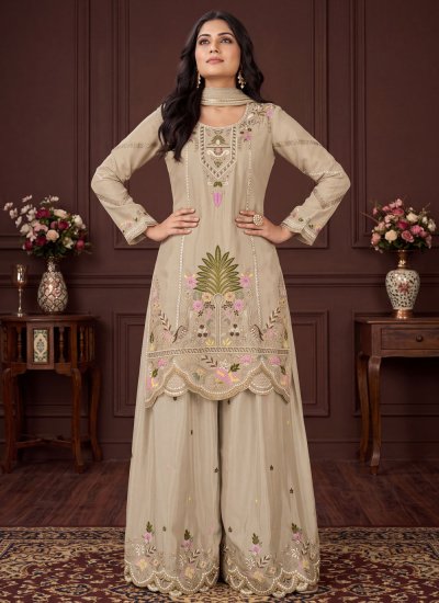 
                            Chinon Cream Sequins Salwar Kameez