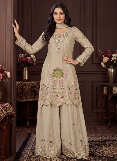 Chinon Cream Sequins Salwar Kameez