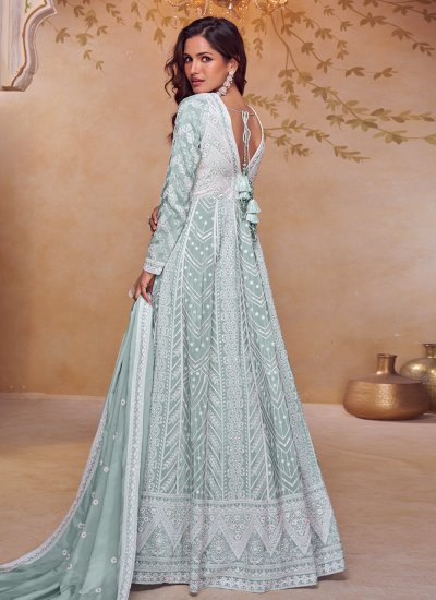 
                            Chinon Embroidered Designer Gown in Aqua Blue