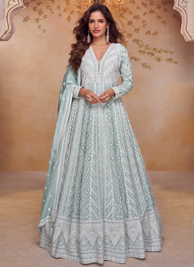 Chinon Embroidered Designer Gown in Aqua Blue