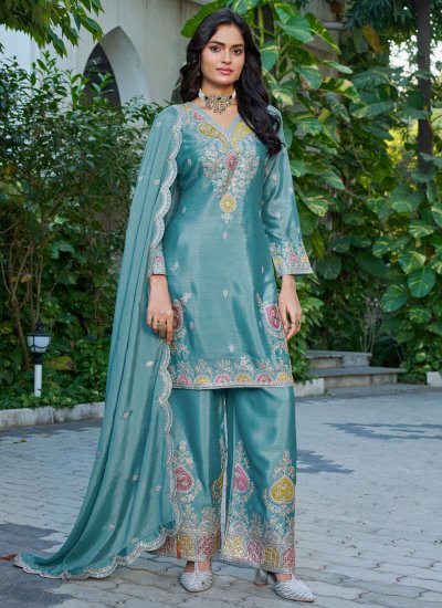 Chinon Embroidered Trendy Salwar Kameez in Aqua Blue Colour