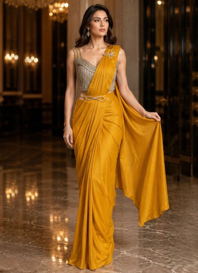 Chinon Embroidered Yellow Classic Saree