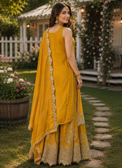
                            Chinon Mustard Embroidered Palazzo Salwar Kameez