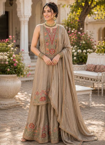 Chinon Palazzo Salwar Kameez in Beige Colour