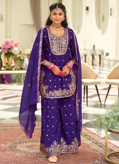 
                            Chinon Purple Embroidered Salwar Kameez