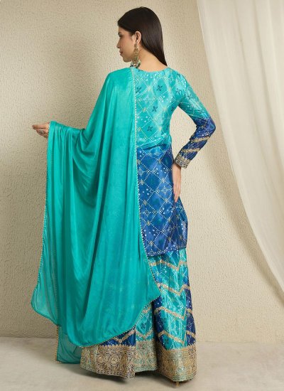 
                            Chinon Teal and Turquoise Embroidered Salwar Kameez
