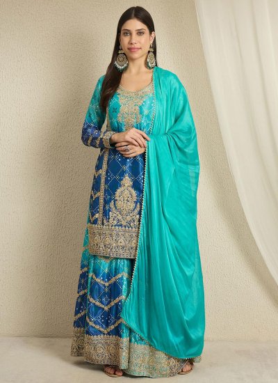 Chinon Teal and Turquoise Embroidered Salwar Kameez