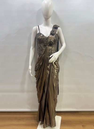 
                            Classic Saree Embroidered Armani in Brown Colour