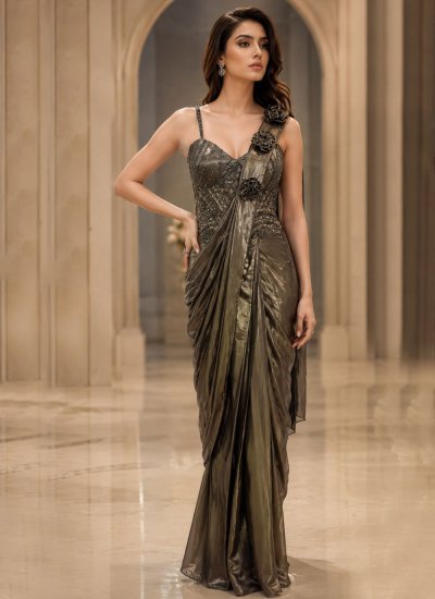 Classic Saree Embroidered Armani in Brown Colour