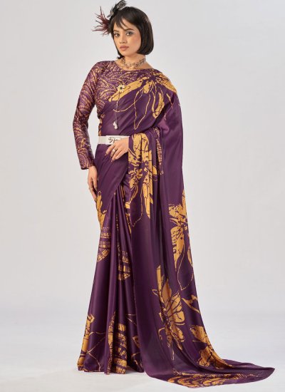 Classic Saree Printed Satin Silk in Wine