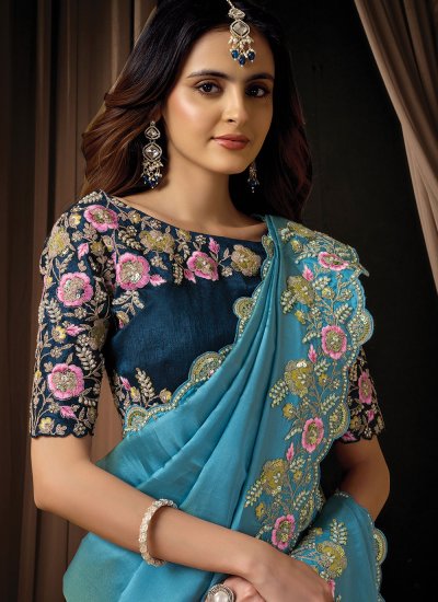 
                            Classic Saree Thread Work Silk in Aqua Blue