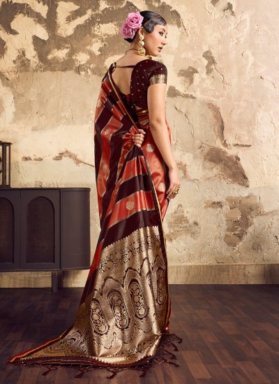 
                            Classical Weaving Maroon and Orange Satin Trendy Saree