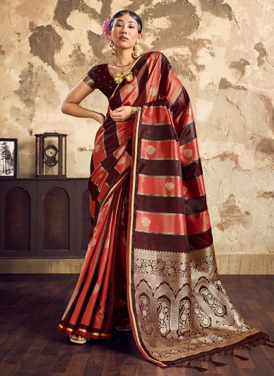 Classical Weaving Maroon and Orange Satin Trendy Saree