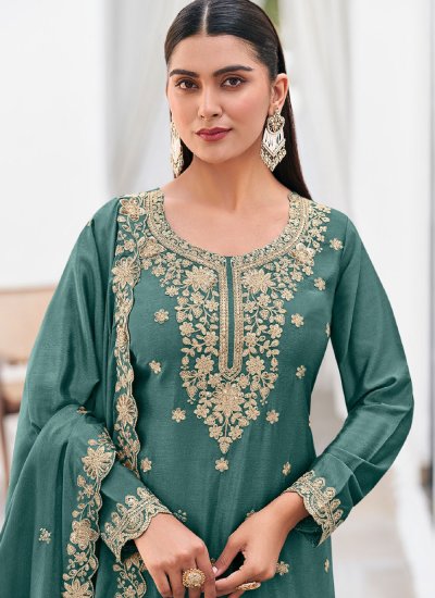
                            Classy Chinon Sequins Green Trendy Salwar Kameez