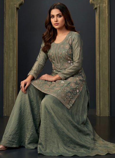 
                            Compelling Embroidered Sea Green Moss Palazzo Salwar Kameez