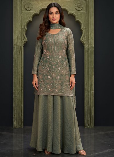 Compelling Embroidered Sea Green Moss Palazzo Salwar Kameez