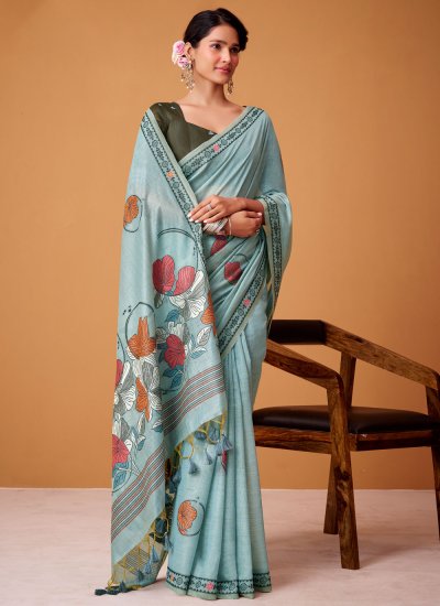 
                            Congenial Aqua Blue Digital Print Cotton Trendy Saree