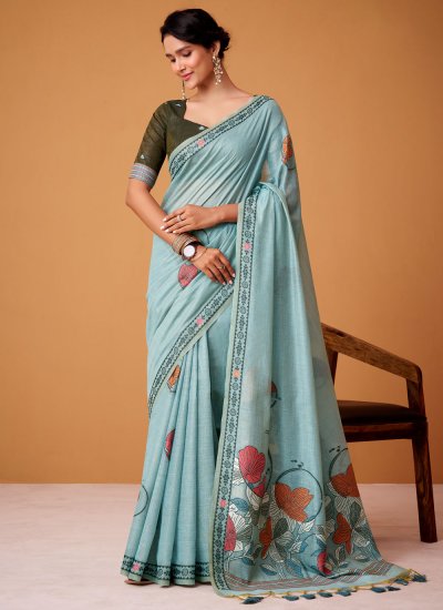 Congenial Aqua Blue Digital Print Cotton Trendy Saree