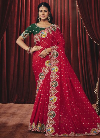 Conspicuous Embroidered Rani Silk Contemporary Saree