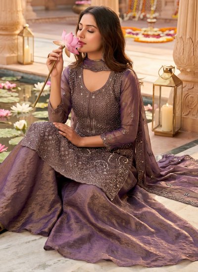 
                            Conspicuous Purple Embroidered Moss Palazzo Salwar Kameez