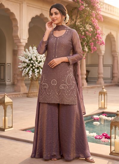 Conspicuous Purple Embroidered Moss Palazzo Salwar Kameez