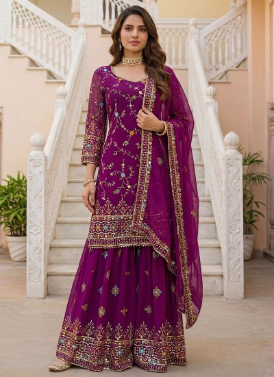 Conspicuous Purple Party Readymade Salwar Kameez