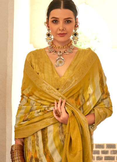
                            Contemporary Saree Digital Print Silk in Mustard