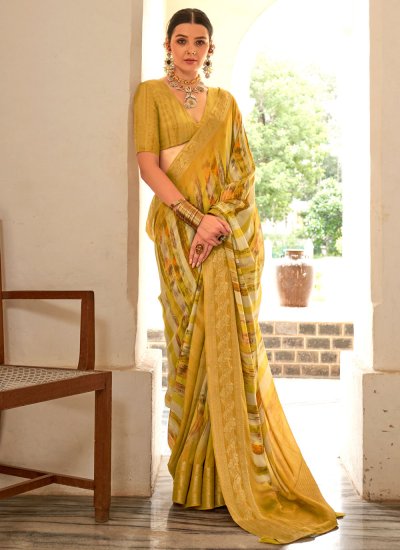 Contemporary Saree Digital Print Silk in Mustard