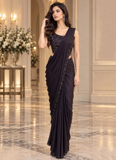 Contemporary Saree Embroidered Imported in Wine Colour