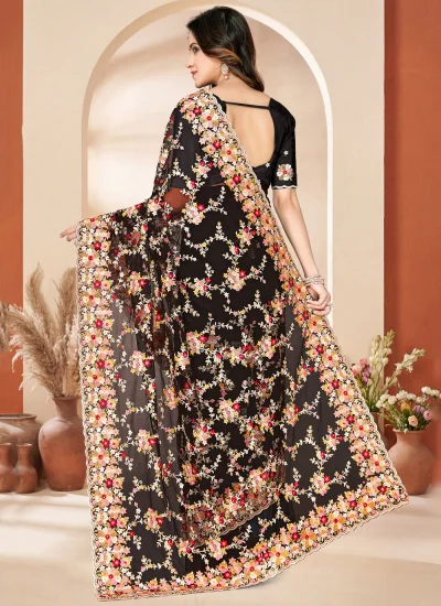 
                            Contemporary Saree Embroidered Net in Black