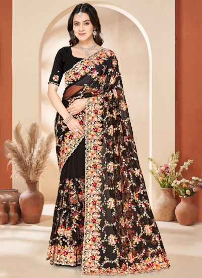 Contemporary Saree Embroidered Net in Black