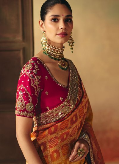 
                            Contemporary Saree Embroidered Pure Georgette in Red and Yellow