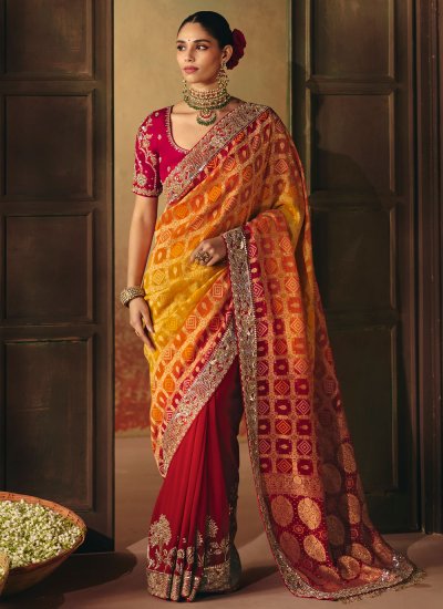 Contemporary Saree Embroidered Pure Georgette in Red and Yellow