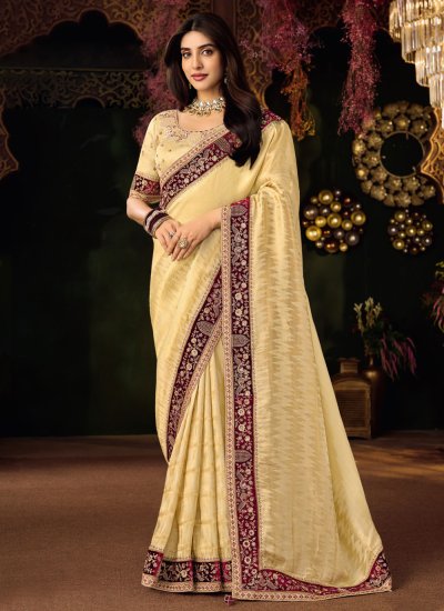Contemporary Saree Embroidered Silk in Cream Colour
