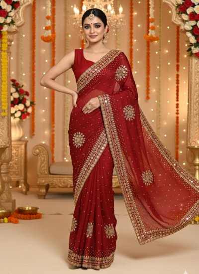 Contemporary Saree Handwork Georgette in Red