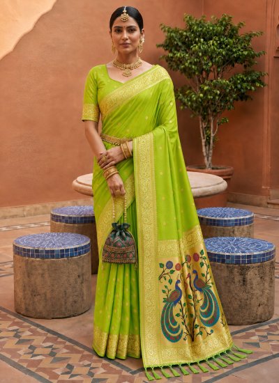 Contemporary Saree Meenakari Banarasi Silk in Green Colour