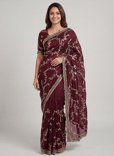 Contemporary Saree Sequins Chiffon in Maroon Colour