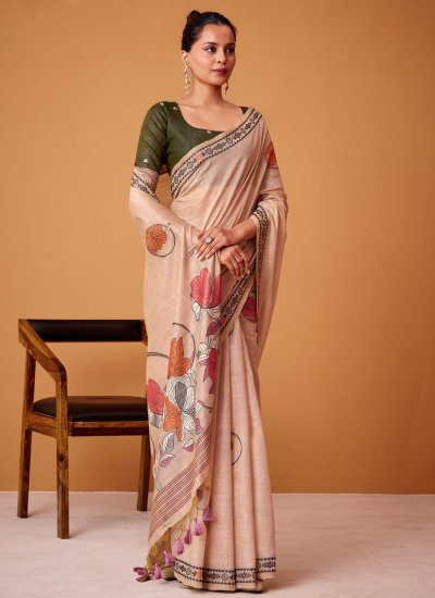 
                            Cotton Digital Print Cream Classic Saree