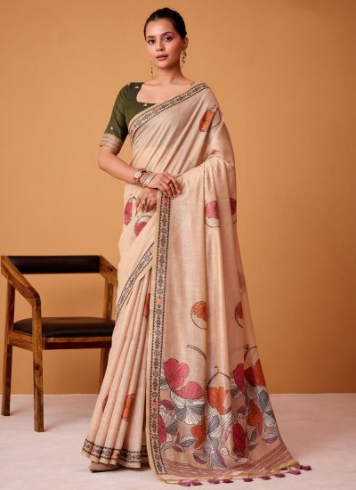 Cotton Digital Print Cream Classic Saree