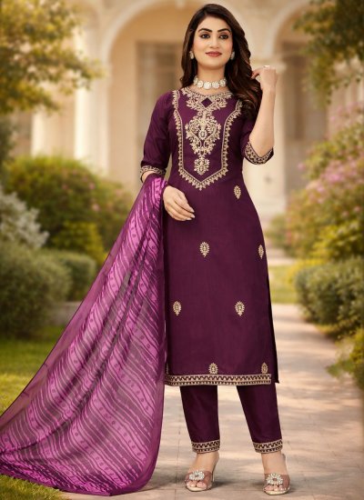 Cotton Embroidered Pant Style Suit in Purple
