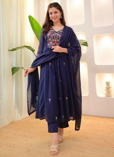 
                            Cotton Embroidered Salwar Kameez in Navy Blue